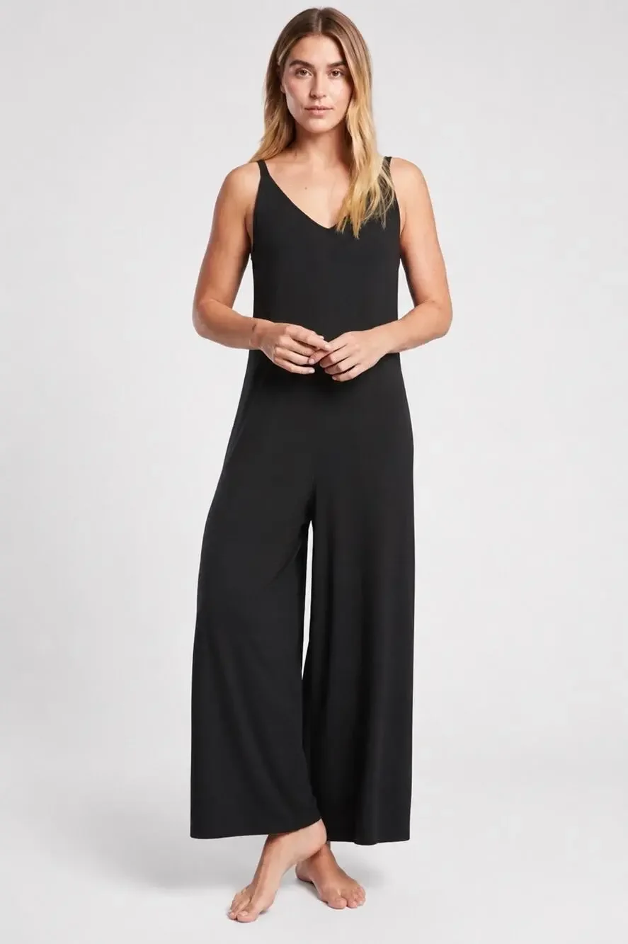 Athleta Nighttime Bliss Sleep V Neck Romper Black Wide Leg Jumpsuit Size XS
